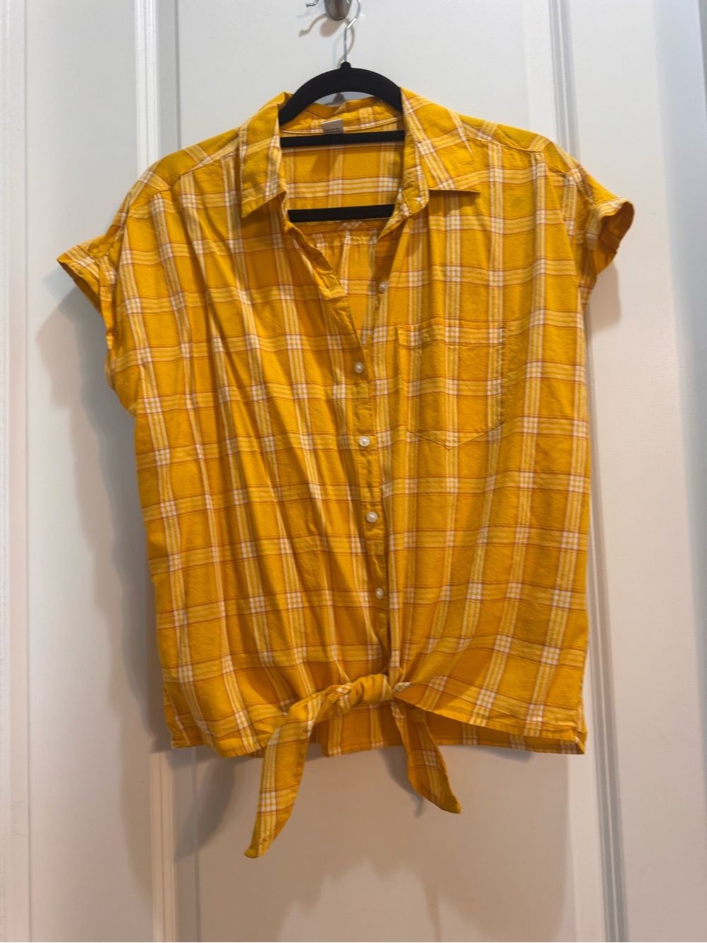 Old Navy Mustard Plaid Top Med Button Down Cap Sleeve Front Tie Collared